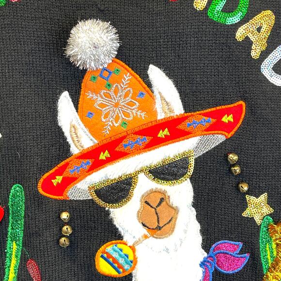 Holiday Time FELIZ NAVIDAD Party Animal Llama Ugly Christmas Sweater Sz 1X - Picture 2 of 6
